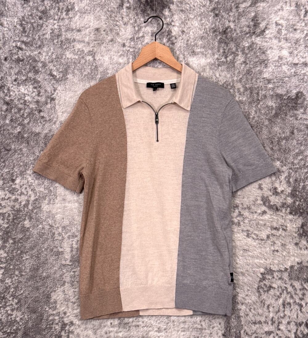 Ted Baker Sweater Knit Polo Shirt 4 / Large Mens 100% Wool Retro Color Block